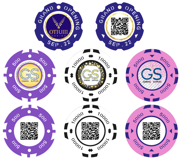 Casino chips with custom design decal and QR code